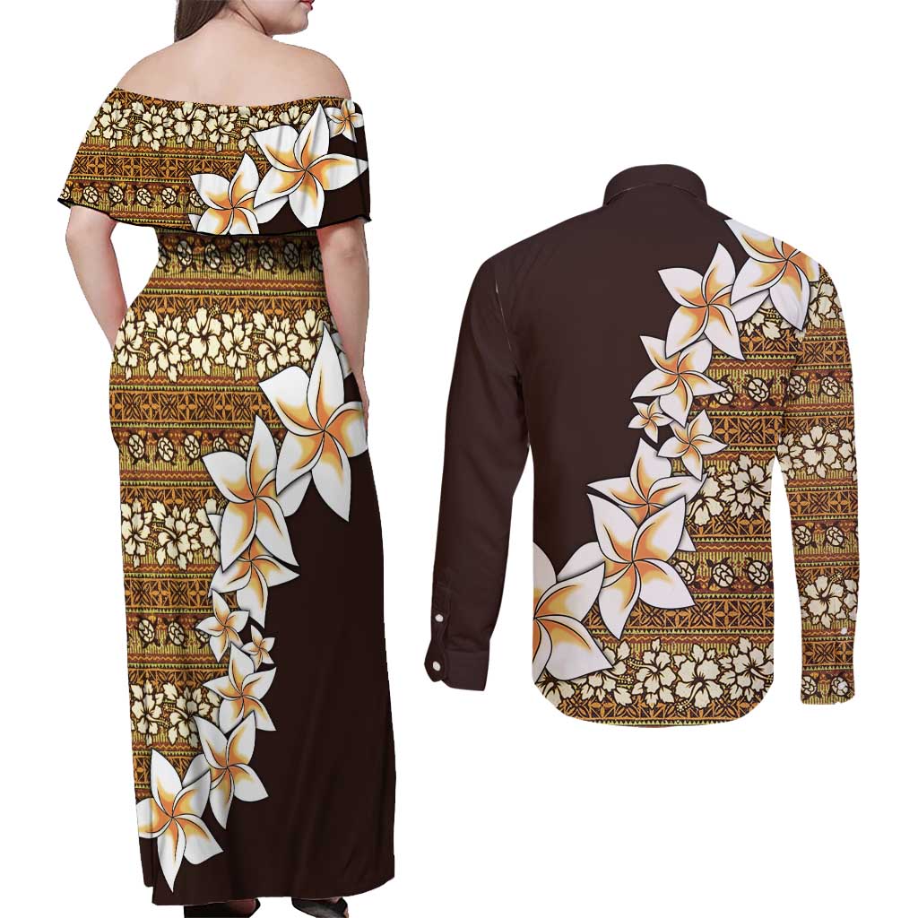 Vintage Hibiscus Turtle Pattern Couples Matching Off Shoulder Maxi Dress and Long Sleeve Button Shirt with Plumeria Half Style