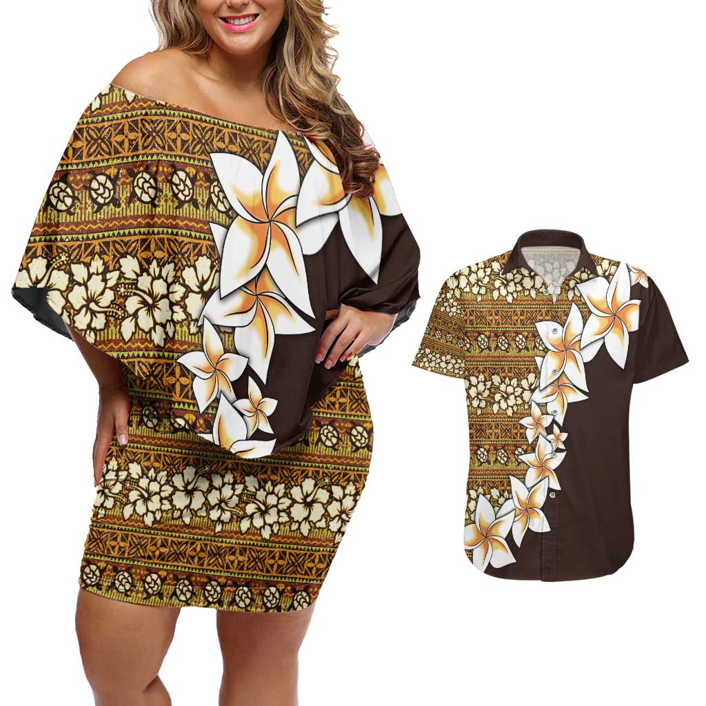 Vintage Hibiscus Turtle Pattern Couples Matching Off Shoulder Short Dress and Hawaiian Shirt with Plumeria Half Style
