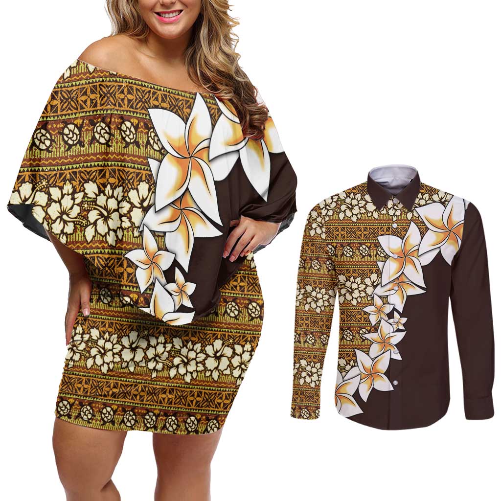 Vintage Hibiscus Turtle Pattern Couples Matching Off Shoulder Short Dress and Long Sleeve Button Shirt with Plumeria Half Style