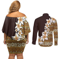 Vintage Hibiscus Turtle Pattern Couples Matching Off Shoulder Short Dress and Long Sleeve Button Shirt with Plumeria Half Style