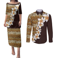Vintage Hibiscus Turtle Pattern Couples Matching Puletasi and Long Sleeve Button Shirt with Plumeria Half Style