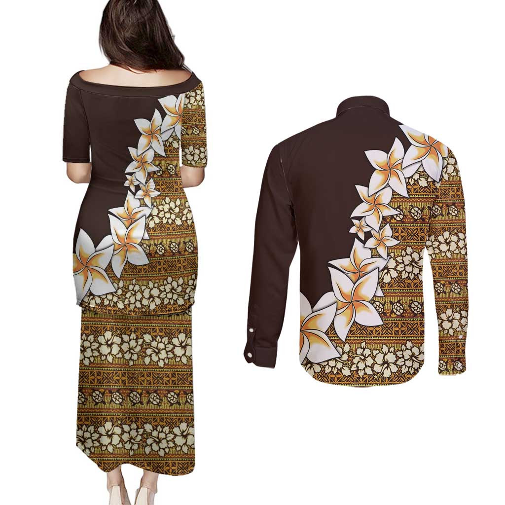 Vintage Hibiscus Turtle Pattern Couples Matching Puletasi and Long Sleeve Button Shirt with Plumeria Half Style