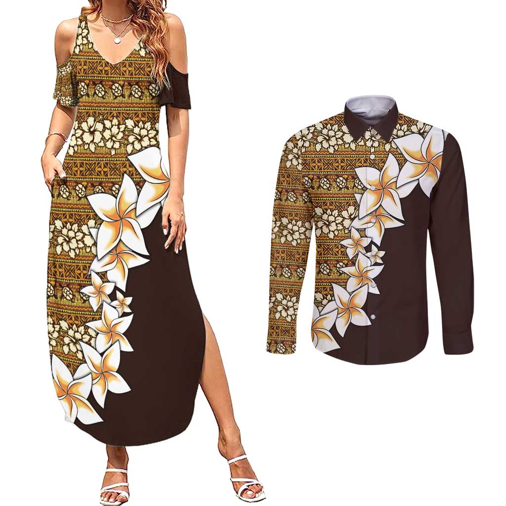 Vintage Hibiscus Turtle Pattern Couples Matching Summer Maxi Dress and Long Sleeve Button Shirt with Plumeria Half Style