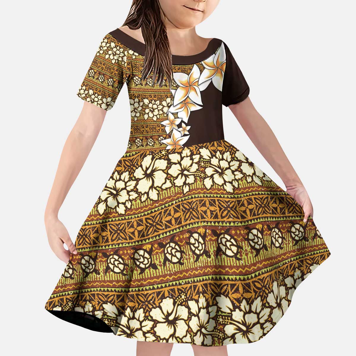 Vintage Hibiscus Turtle Pattern Kid Short Sleeve Dress with Plumeria Half Style LT9 KID Gold - Polynesian Pride