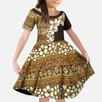 Vintage Hibiscus Turtle Pattern Kid Short Sleeve Dress with Plumeria Half Style LT9 KID Gold - Polynesian Pride