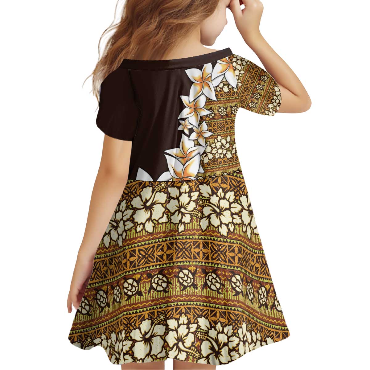 Vintage Hibiscus Turtle Pattern Kid Short Sleeve Dress with Plumeria Half Style LT9 - Polynesian Pride