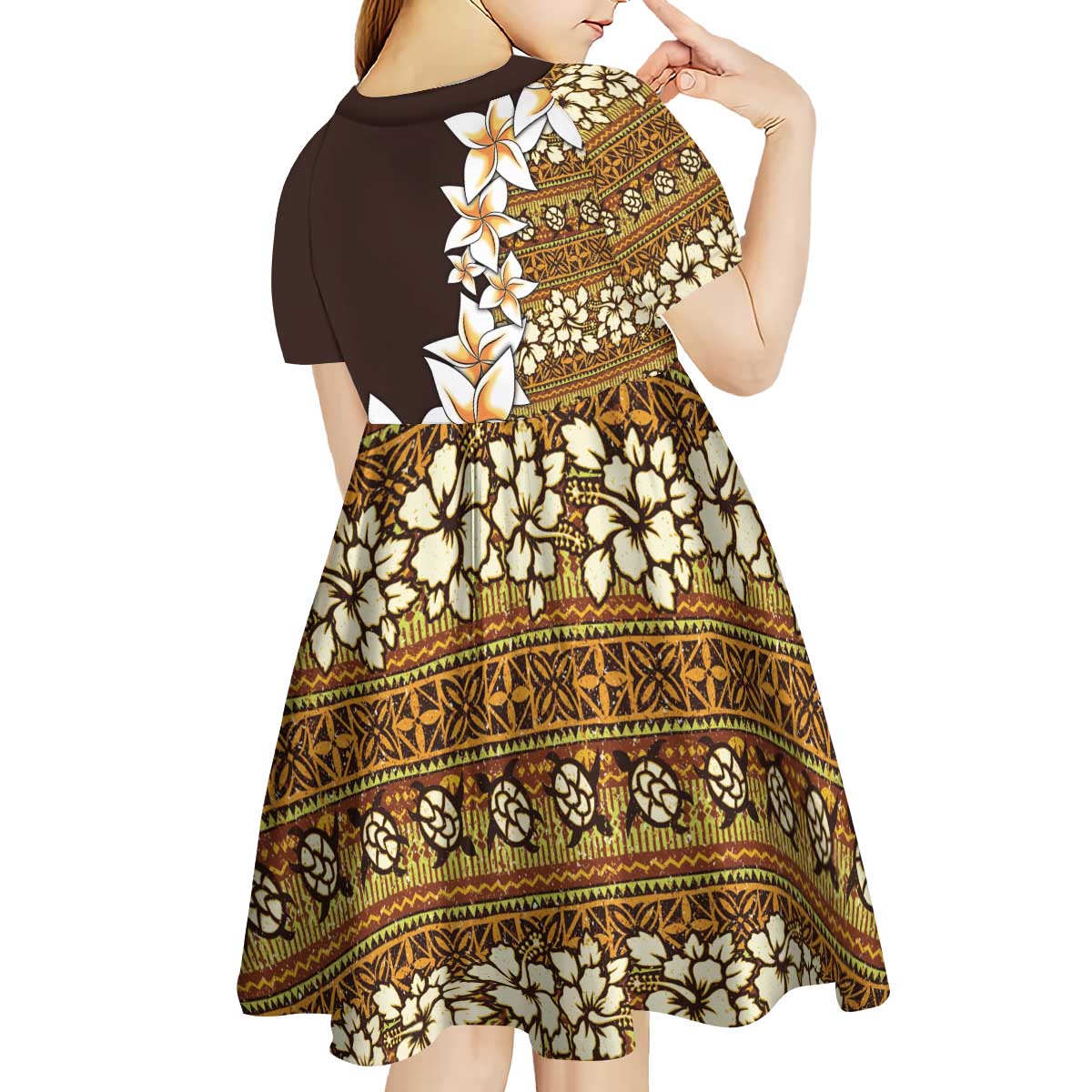 Vintage Hibiscus Turtle Pattern Kid Short Sleeve Dress with Plumeria Half Style LT9 - Polynesian Pride