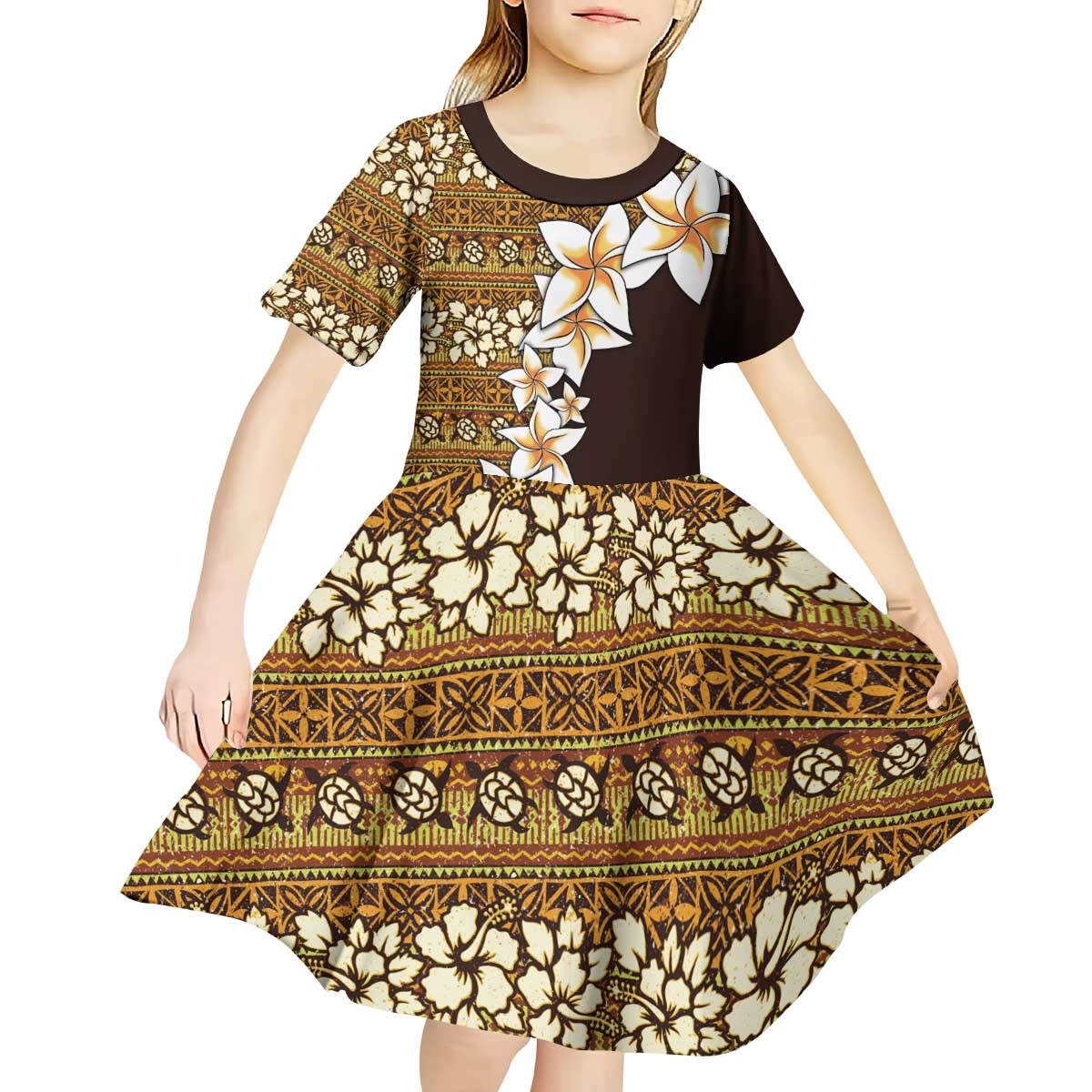 Vintage Hibiscus Turtle Pattern Kid Short Sleeve Dress with Plumeria Half Style LT9 - Polynesian Pride