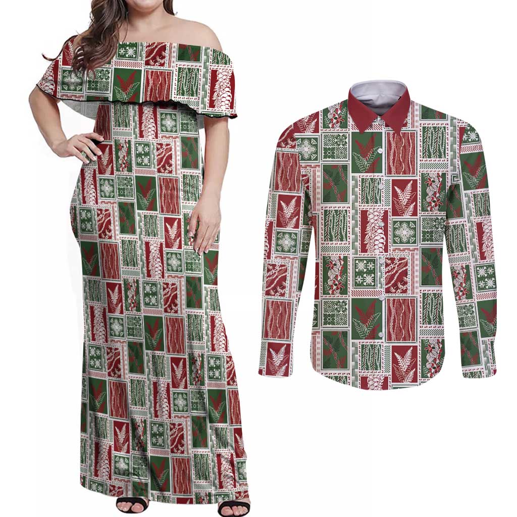 Mele Kalikimaka Hawaiian Quilt and Lei Patchwork Couples Matching Off Shoulder Maxi Dress and Long Sleeve Button Shirt - Polynesian Pride