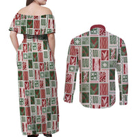 Mele Kalikimaka Hawaiian Quilt and Lei Patchwork Couples Matching Off Shoulder Maxi Dress and Long Sleeve Button Shirt - Polynesian Pride