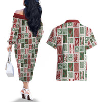 Mele Kalikimaka Hawaiian Quilt and Lei Patchwork Couples Matching Off The Shoulder Long Sleeve Dress and Hawaiian Shirt - Polynesian Pride