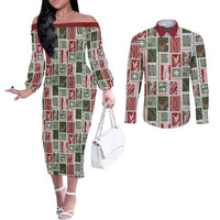 Mele Kalikimaka Hawaiian Quilt and Lei Patchwork Couples Matching Off The Shoulder Long Sleeve Dress and Long Sleeve Button Shirt - Polynesian Pride
