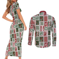 Mele Kalikimaka Hawaiian Quilt and Lei Patchwork Couples Matching Short Sleeve Bodycon Dress and Long Sleeve Button Shirt - Polynesian Pride