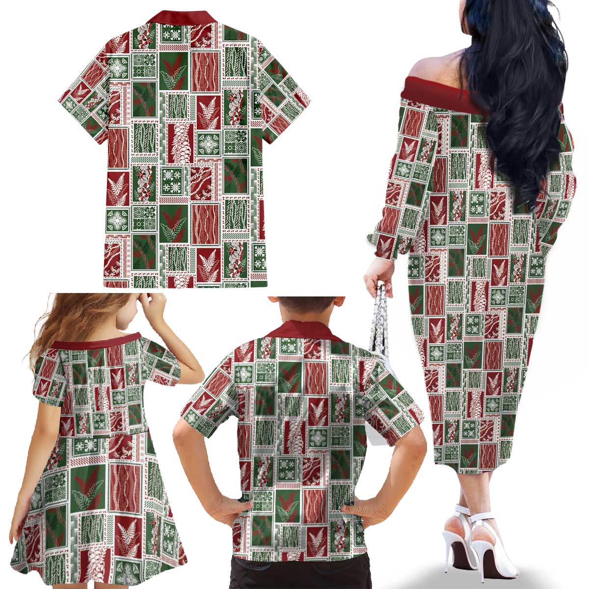 Mele Kalikimaka Hawaiian Quilt and Lei Patchwork Family Matching Off The Shoulder Long Sleeve Dress and Hawaiian Shirt - Polynesian Pride