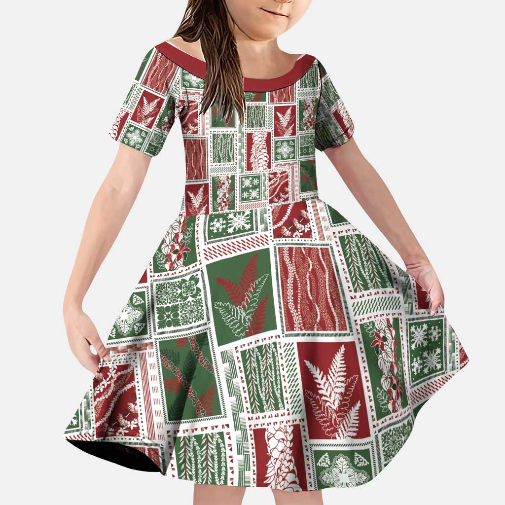 Mele Kalikimaka Hawaiian Quilt and Lei Patchwork Family Matching Puletasi and Hawaiian Shirt LT9 Daughter's Dress Red - Polynesian Pride