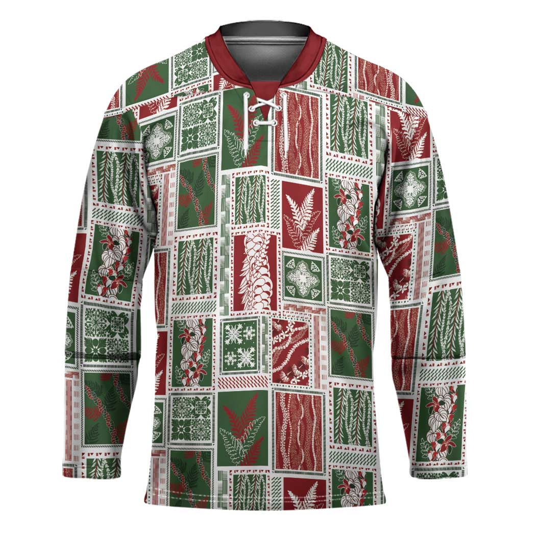 Mele Kalikimaka Hawaiian Quilt and Lei Patchwork Hockey Jersey - Polynesian Pride