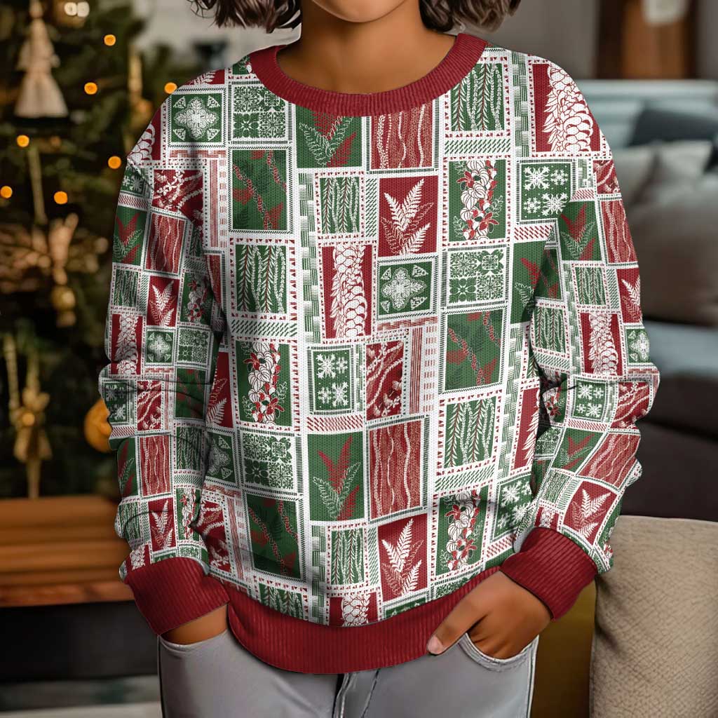 Mele Kalikimaka Hawaiian Quilt and Lei Patchwork Kid Ugly Christmas Sweater - Polynesian Pride