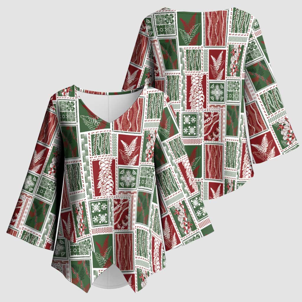Mele Kalikimaka Hawaiian Quilt and Lei Patchwork Kimono Sleeve Blouse - Polynesian Pride