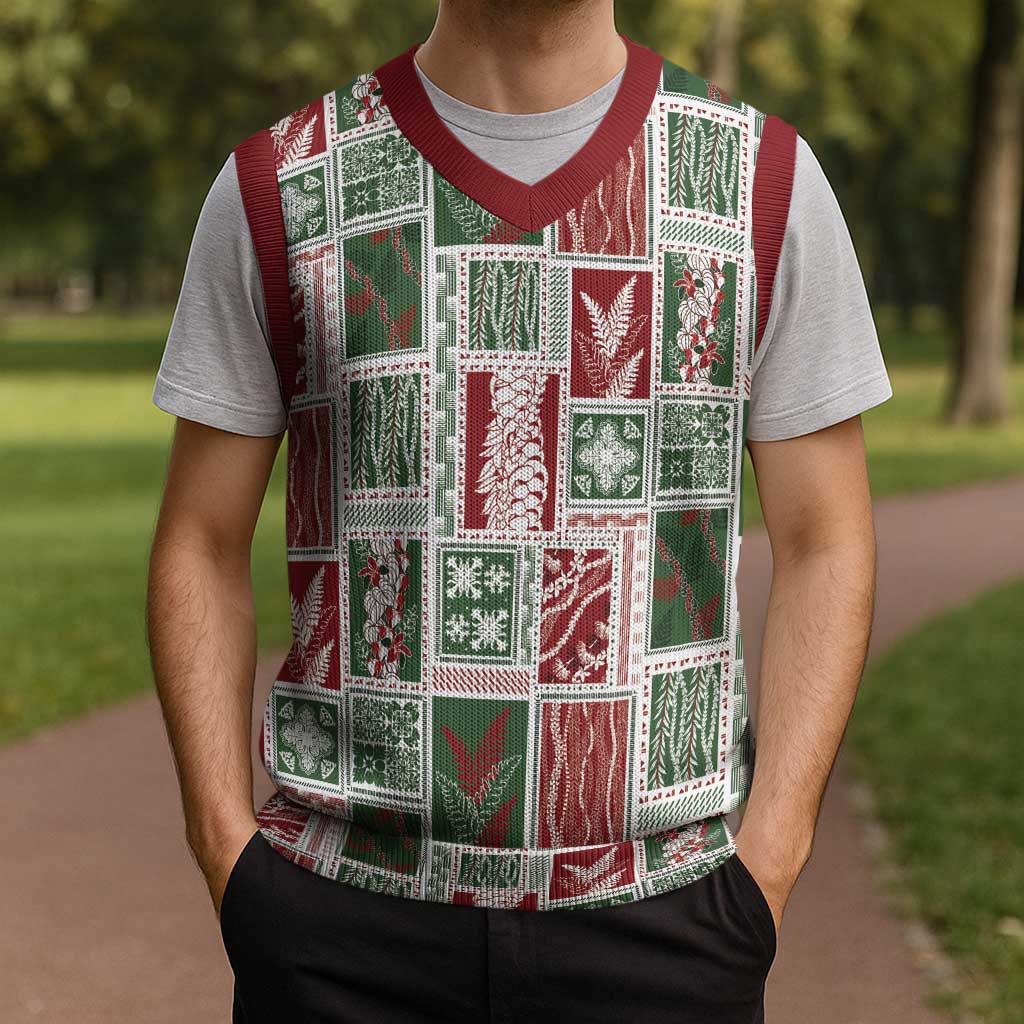 Mele Kalikimaka Hawaiian Quilt and Lei Patchwork Christmas Knitted V-Neck Vest - Polynesian Pride