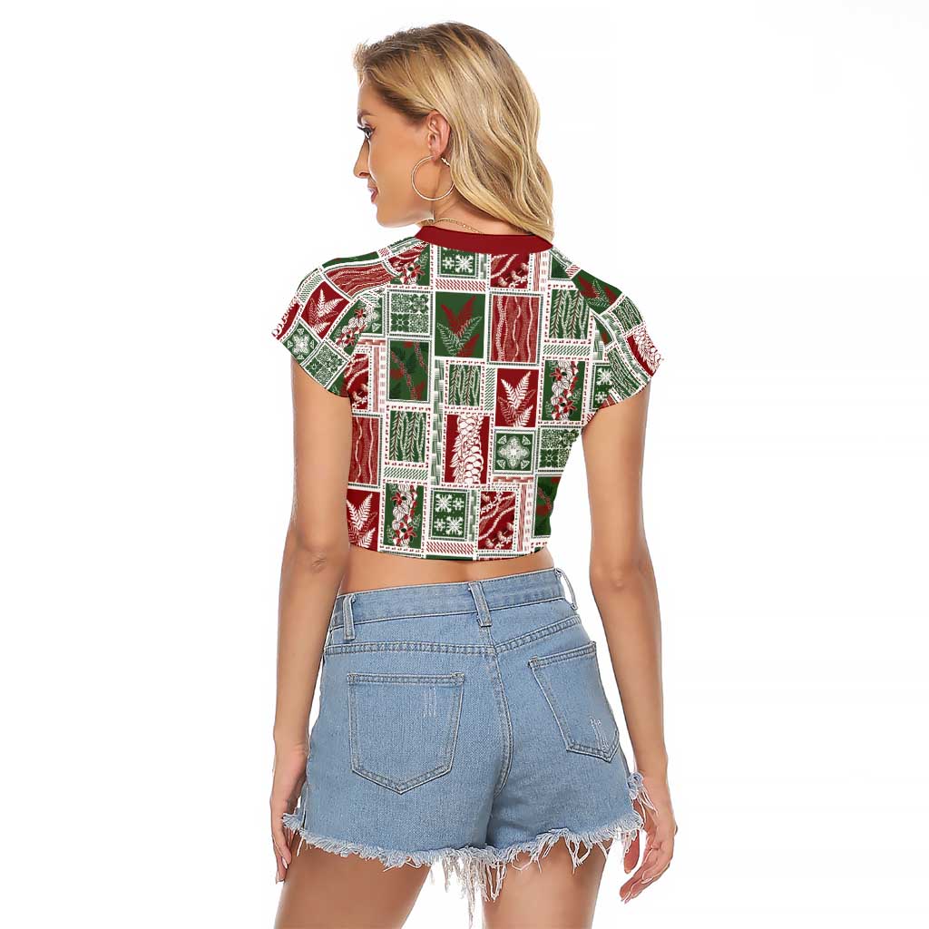 Mele Kalikimaka Hawaiian Quilt and Lei Patchwork Raglan Cropped T Shirt - Polynesian Pride