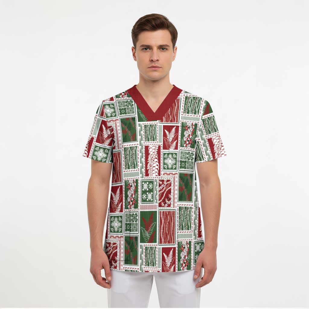 Mele Kalikimaka Hawaiian Quilt and Lei Patchwork Scrub Top - Polynesian Pride