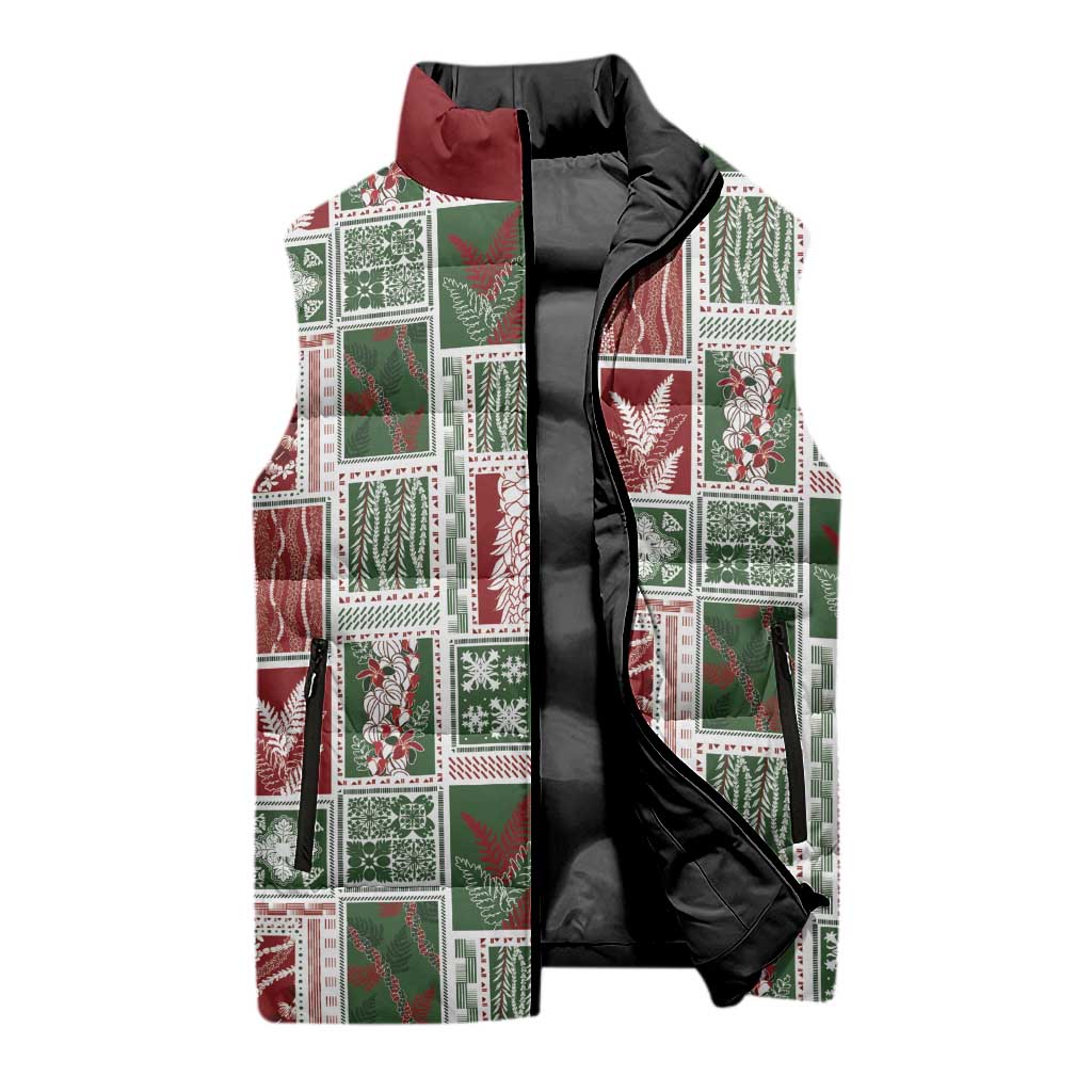 Mele Kalikimaka Hawaiian Quilt and Lei Patchwork Sleeveless Puffer Jacket - Polynesian Pride