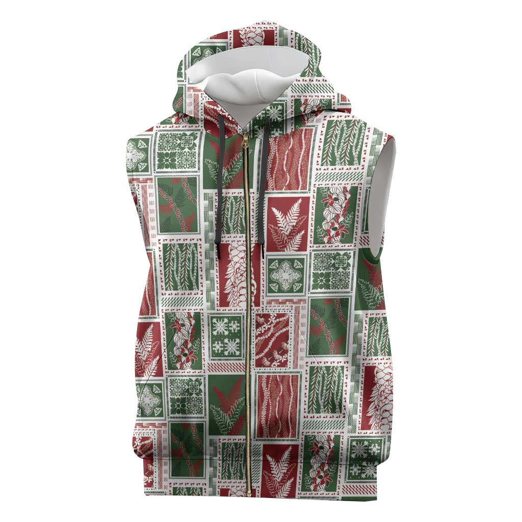 Mele Kalikimaka Hawaiian Quilt and Lei Patchwork Sleeveless Zip Hoodie - Polynesian Pride