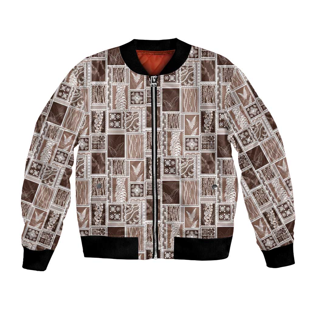 Vintage Aloha Block Quilt Bomber Jacket Beige Inspired Lei Motifs LT9 Unisex Beige - Polynesian Pride