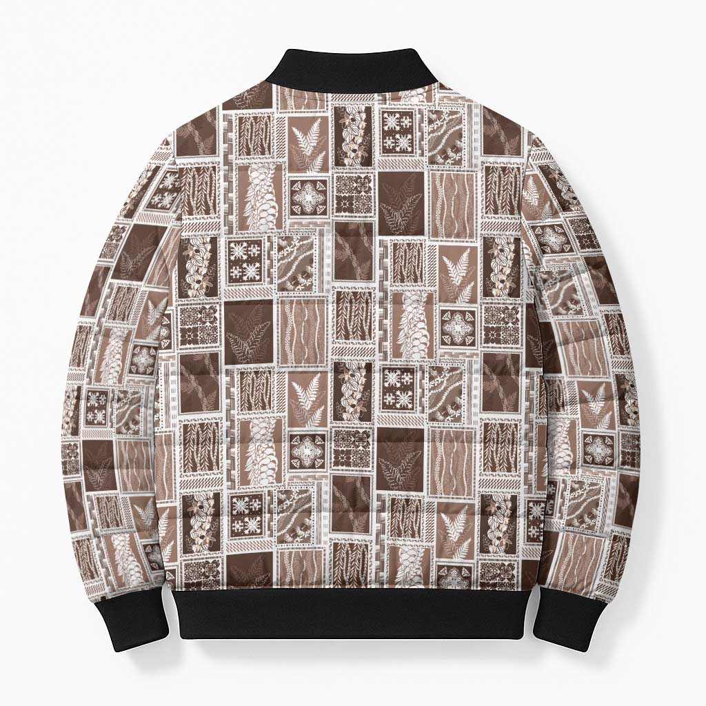 Vintage Aloha Block Quilt Bomber Puffer Jacket Beige Inspired Lei Motifs - Polynesian Pride