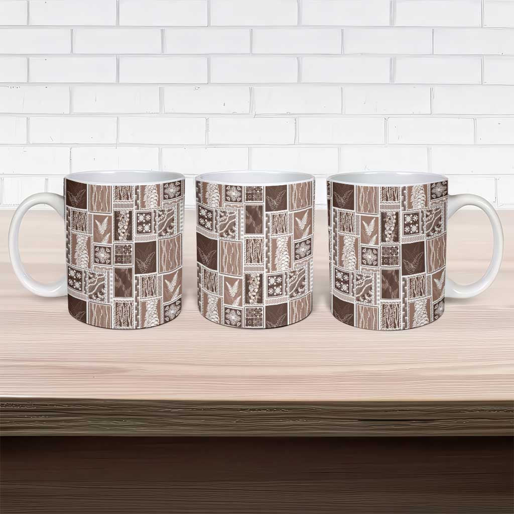 Vintage Aloha Block Quilt Ceramic Mug Beige Inspired Lei Motifs - Polynesian Pride