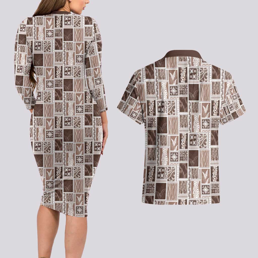 Vintage Aloha Block Quilt Couples Matching Long Sleeve Bodycon Dress and Hawaiian Shirt Beige Inspired Lei Motifs - Polynesian Pride
