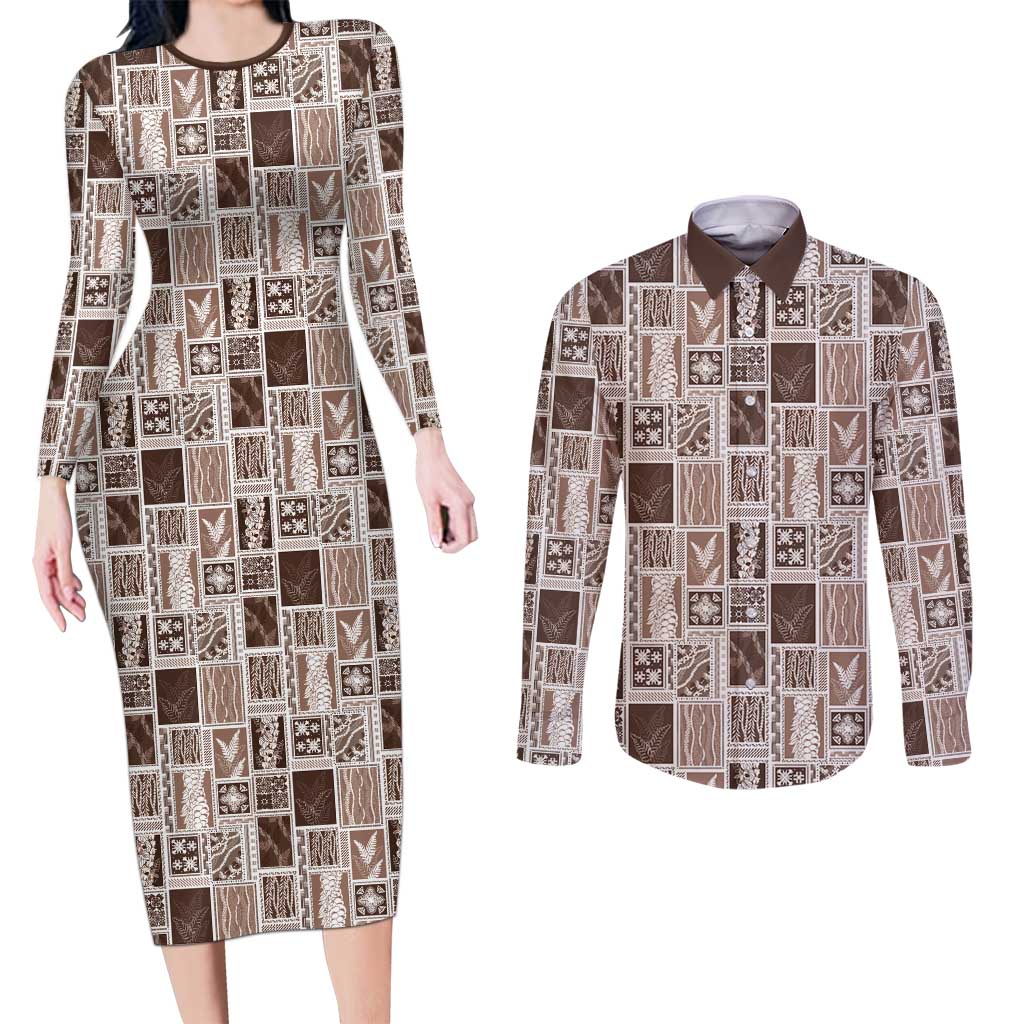 Vintage Aloha Block Quilt Couples Matching Long Sleeve Bodycon Dress and Long Sleeve Button Shirt Beige Inspired Lei Motifs - Polynesian Pride