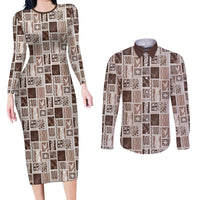 Vintage Aloha Block Quilt Couples Matching Long Sleeve Bodycon Dress and Long Sleeve Button Shirt Beige Inspired Lei Motifs - Polynesian Pride