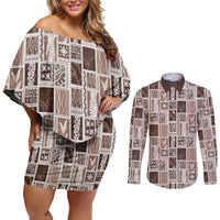 Vintage Aloha Block Quilt Couples Matching Off Shoulder Short Dress and Long Sleeve Button Shirt Beige Inspired Lei Motifs LT9 Beige - Polynesian Pride