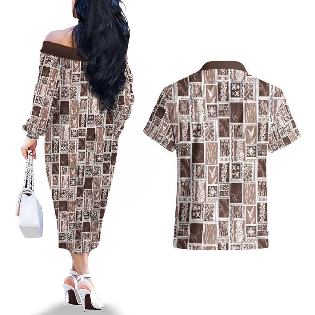 Vintage Aloha Block Quilt Couples Matching Off The Shoulder Long Sleeve Dress and Hawaiian Shirt Beige Inspired Lei Motifs - Polynesian Pride