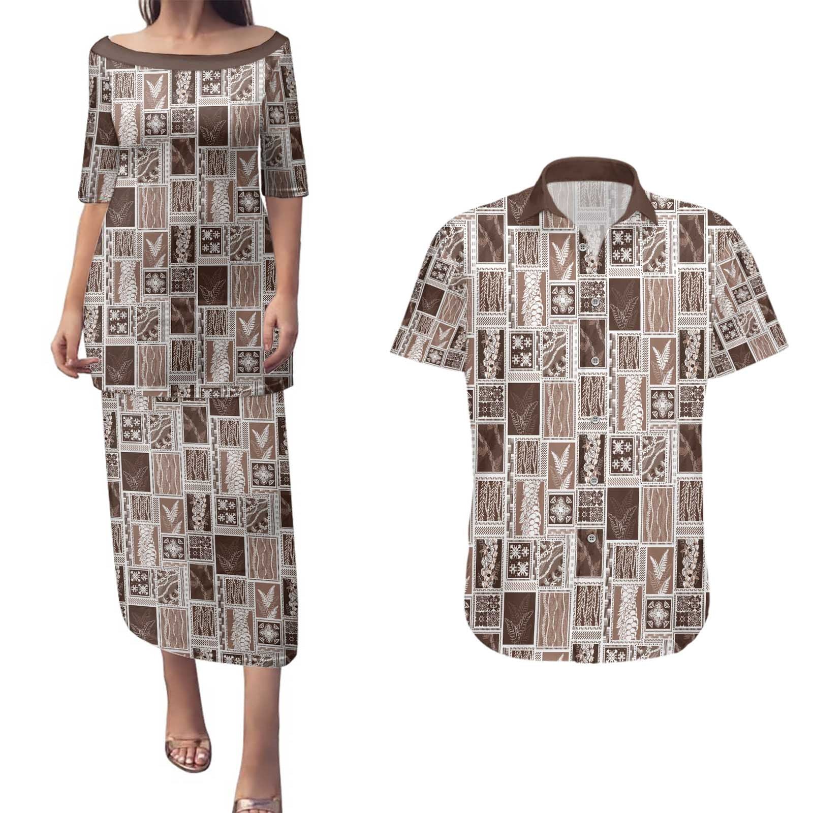 Vintage Aloha Block Quilt Couples Matching Puletasi and Hawaiian Shirt Beige Inspired Lei Motifs - Polynesian Pride
