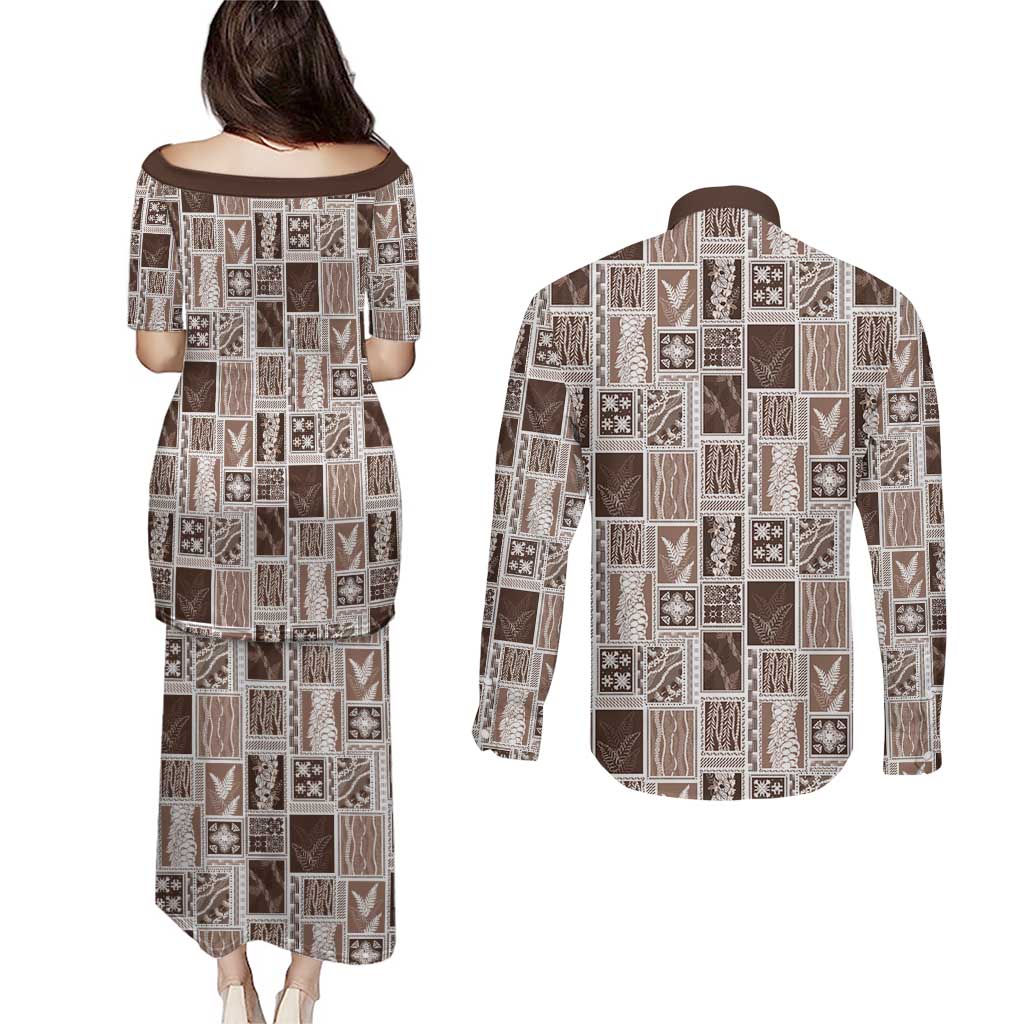 Vintage Aloha Block Quilt Couples Matching Puletasi and Long Sleeve Button Shirt Beige Inspired Lei Motifs LT9 - Polynesian Pride