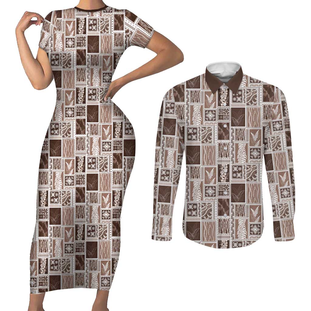 Vintage Aloha Block Quilt Couples Matching Short Sleeve Bodycon Dress and Long Sleeve Button Shirt Beige Inspired Lei Motifs - Polynesian Pride