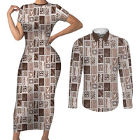 Vintage Aloha Block Quilt Couples Matching Short Sleeve Bodycon Dress and Long Sleeve Button Shirt Beige Inspired Lei Motifs - Polynesian Pride