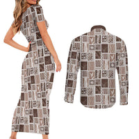 Vintage Aloha Block Quilt Couples Matching Short Sleeve Bodycon Dress and Long Sleeve Button Shirt Beige Inspired Lei Motifs - Polynesian Pride