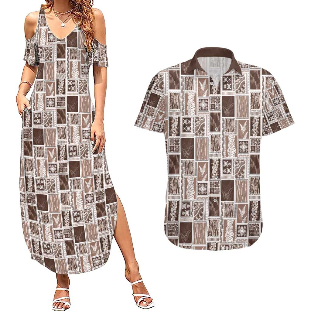 Vintage Aloha Block Quilt Couples Matching Summer Maxi Dress and Hawaiian Shirt Beige Inspired Lei Motifs - Polynesian Pride