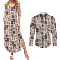 Vintage Aloha Block Quilt Couples Matching Summer Maxi Dress and Long Sleeve Button Shirt Beige Inspired Lei Motifs LT9 Beige - Polynesian Pride