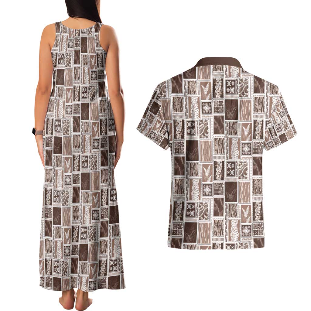Vintage Aloha Block Quilt Couples Matching Tank Maxi Dress and Hawaiian Shirt Beige Inspired Lei Motifs - Polynesian Pride