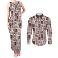 Vintage Aloha Block Quilt Couples Matching Tank Maxi Dress and Long Sleeve Button Shirt Beige Inspired Lei Motifs LT9 Beige - Polynesian Pride