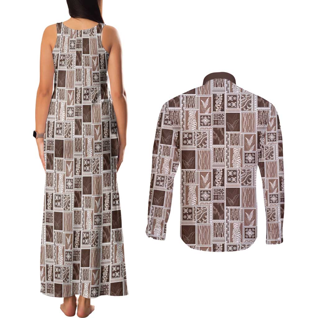 Vintage Aloha Block Quilt Couples Matching Tank Maxi Dress and Long Sleeve Button Shirt Beige Inspired Lei Motifs LT9 - Polynesian Pride