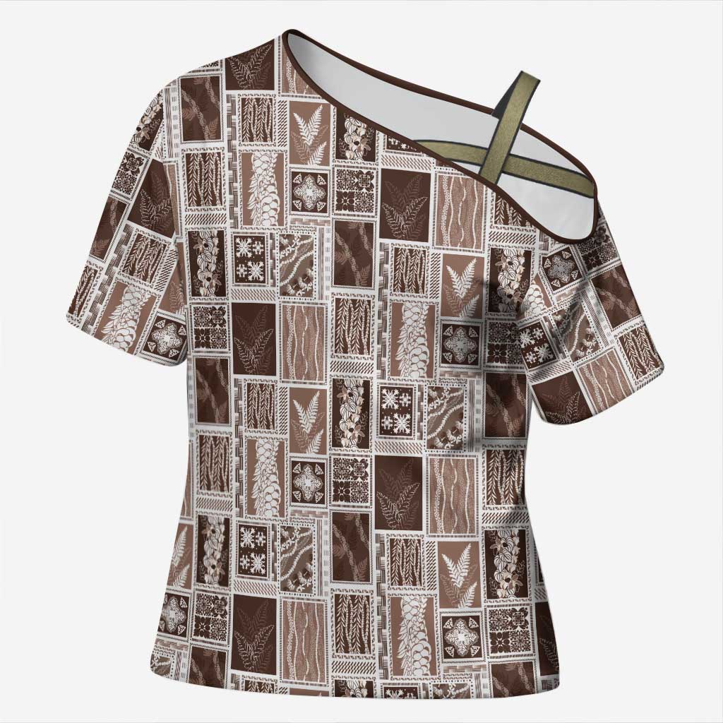 Vintage Aloha Block Quilt Cross Shoulder Shirt Beige Inspired Lei Motifs - Polynesian Pride