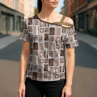 Vintage Aloha Block Quilt Cross Shoulder Shirt Beige Inspired Lei Motifs - Polynesian Pride