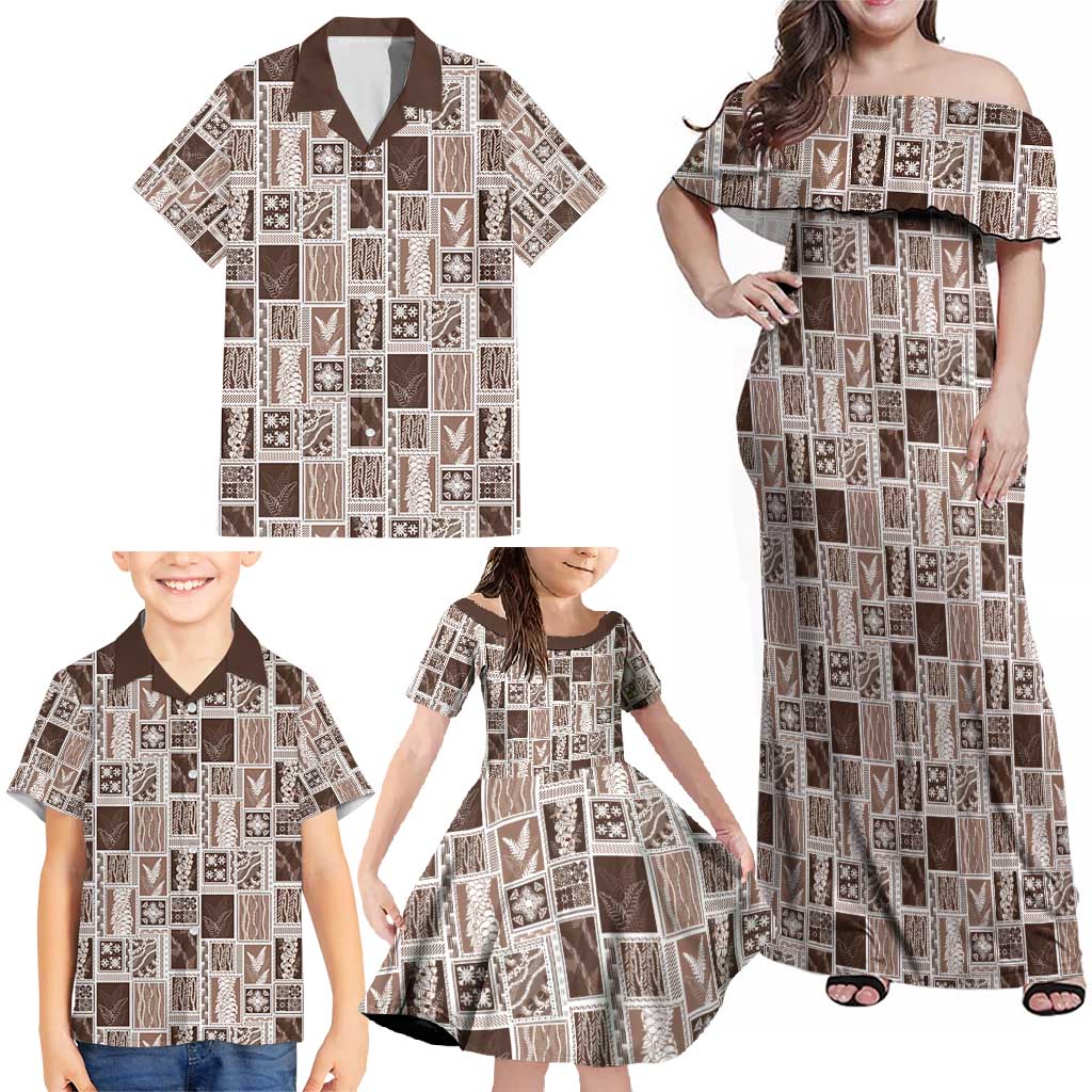 Vintage Aloha Block Quilt Family Matching Off Shoulder Maxi Dress and Hawaiian Shirt Beige Inspired Lei Motifs - Polynesian Pride
