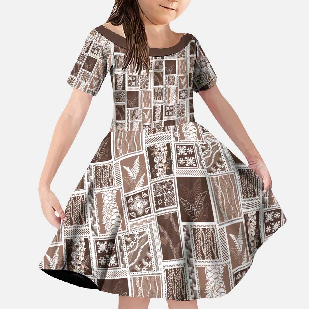 Vintage Aloha Block Quilt Family Matching Short Sleeve Bodycon Dress and Hawaiian Shirt Beige Inspired Lei Motifs - Polynesian Pride