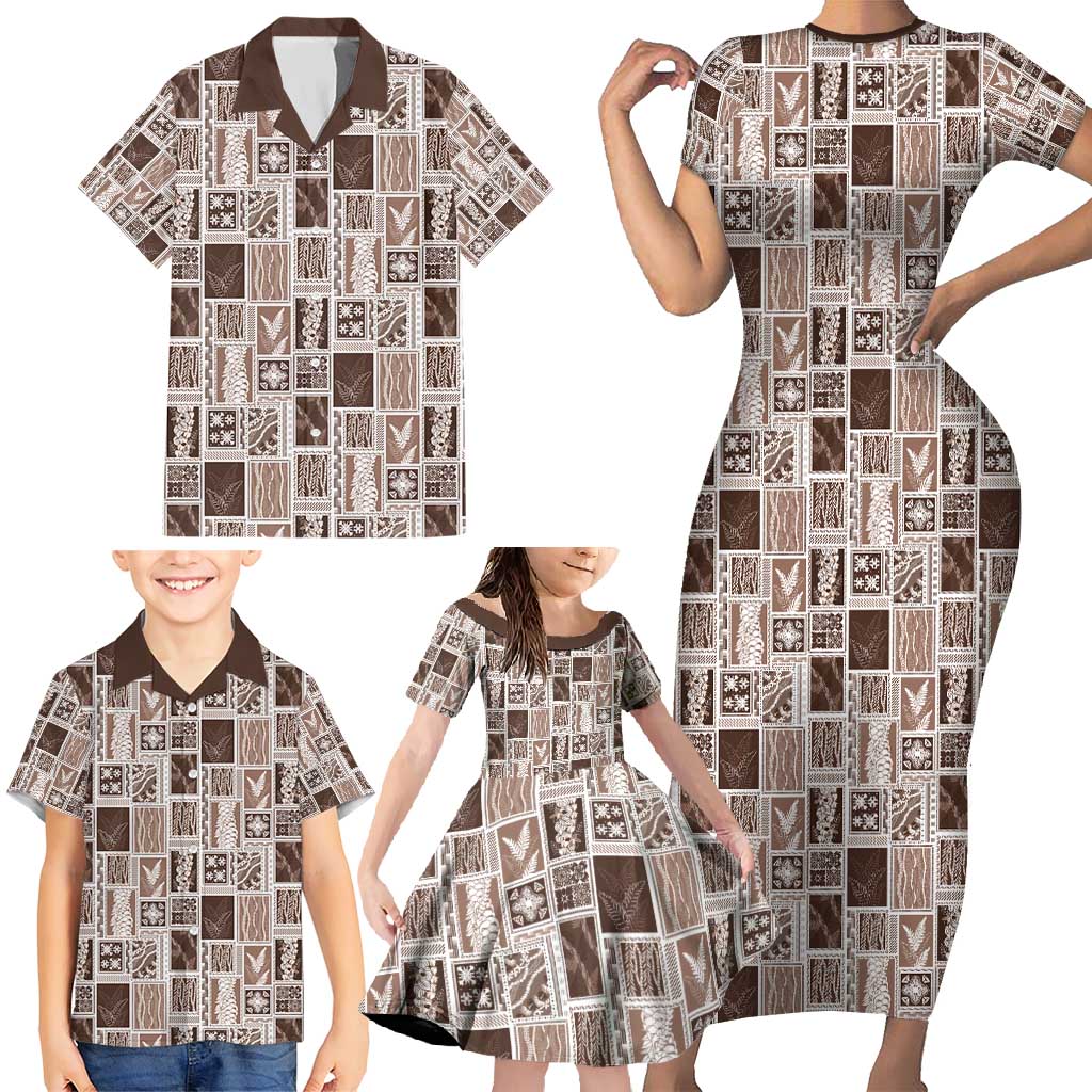 Vintage Aloha Block Quilt Family Matching Short Sleeve Bodycon Dress and Hawaiian Shirt Beige Inspired Lei Motifs - Polynesian Pride